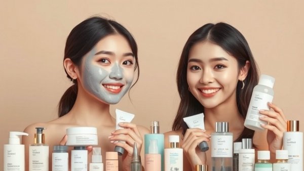 Women displaying Korean skincare for oily skin surrounded by products.
