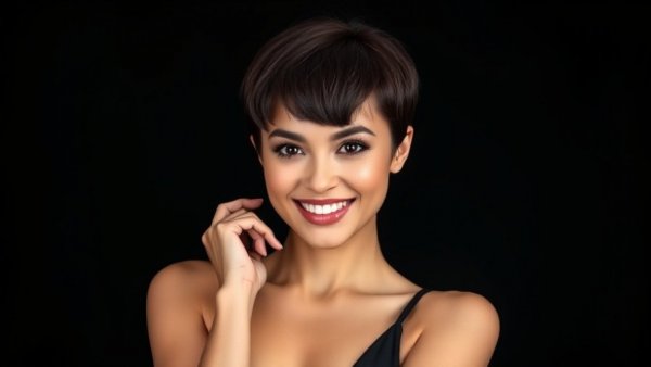 Elegant woman with modern 90s inspired hair smiling confidently.