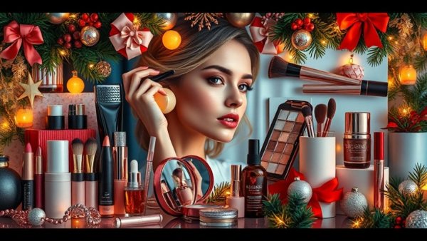 Beauty products for the holidays in a festive collage.