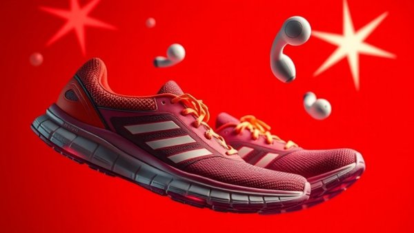 Best Fitness Gifts of 2025: Trendy shoes and massage devices floating on red.