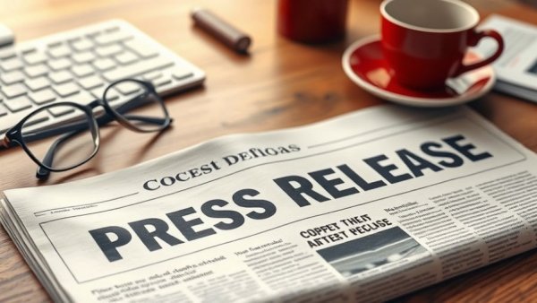 Press release on wooden desk with coffee cup and glasses.
