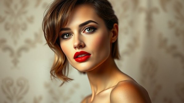 Elegant woman with 90s hairstyle and red lipstick.