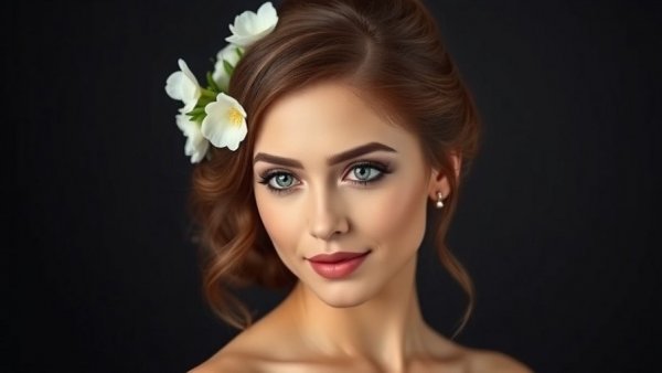 Natural bridal hairstyle with white flowers on an elegant woman.