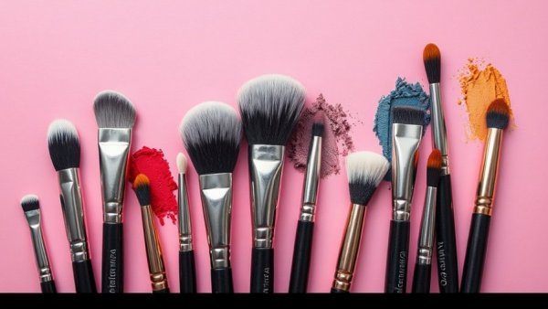 Vibrant eye shadow brushes on a pink background.