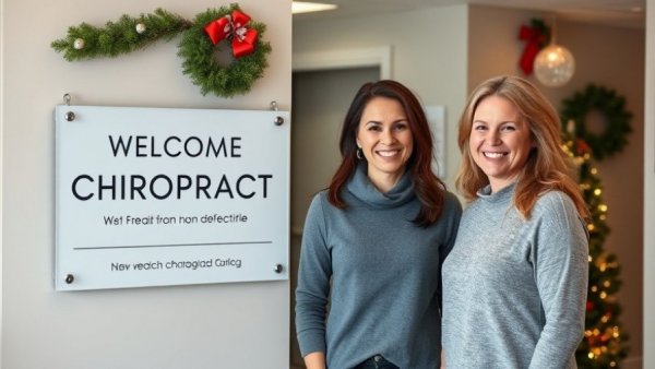 Chiropractic care clinic welcome sign with two smiling women.