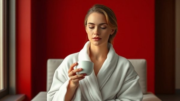 Luxurious bathrobes for comfort displayed by a woman in a plush setting.