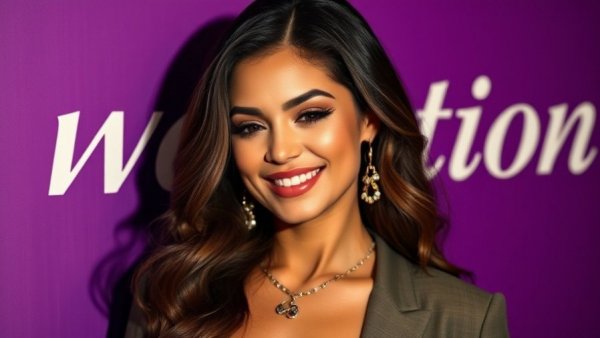 Elegant woman with wavy hair against purple backdrop, photorealistic style.