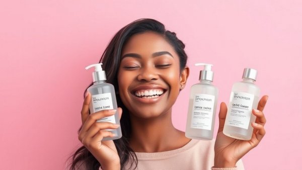 Happy individual displaying the best toners for dry skin against a pink backdrop.