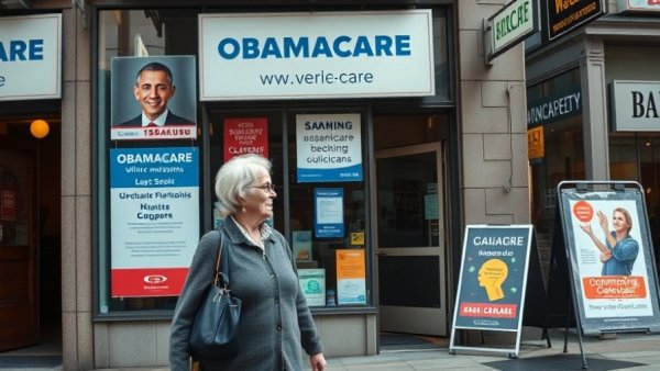 Storefront with Obamacare signage promoting ACA subsidies for small business owners.
