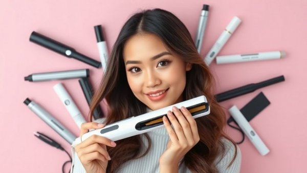 Young woman holding hair straightener with best hair straighteners.