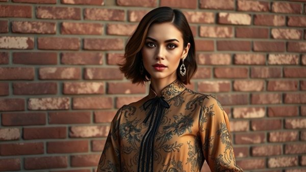 Elegant woman in Gucci blouse against brick wall, evening shot.