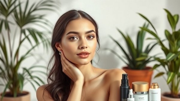 K-beauty trends 2026: woman with skincare products, minimalist setting.