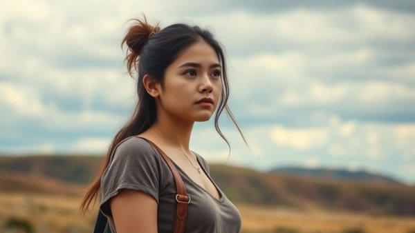 Stranger Things Season 5 Hair and Makeup on a young woman outdoors.