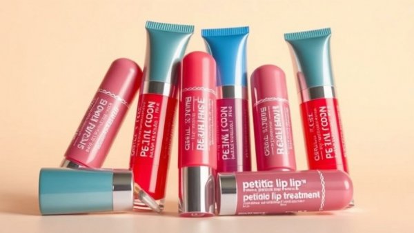 Colorful peptide lip treatments displayed creatively against a beige backdrop.