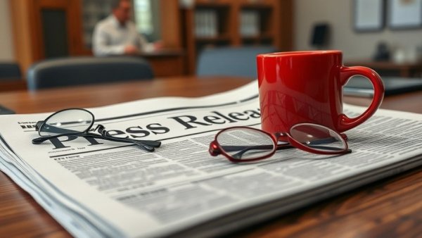Press release on wooden desk with coffee and glasses, conveying professional atmosphere.