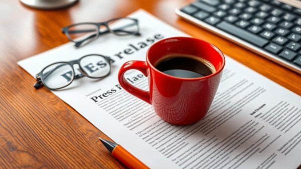 Press release with red coffee cup and glasses on wooden desk.