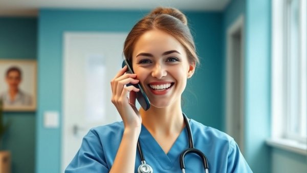 Smiling woman on phone in a chiropractic office.