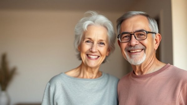 Happy older couple indoors, related to Chiropractic Care, in simple setting.