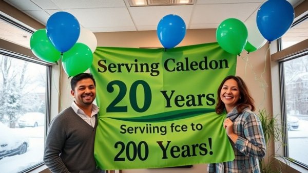 Celebration in chiropractic office with balloons and banner for 20 years of service.