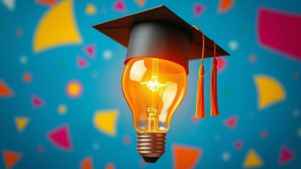 Bright light bulb with a graduation cap set against colorful abstract background.