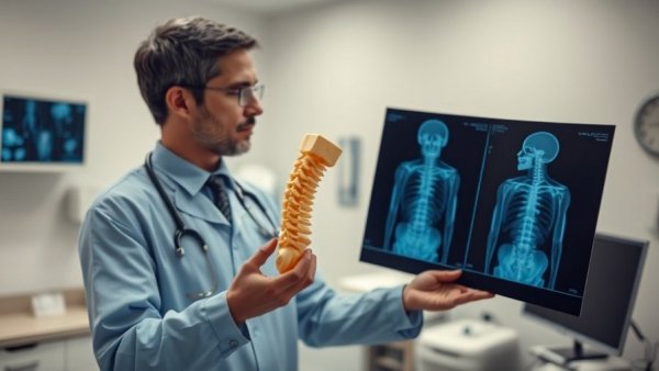 Chiropractic care scene with spinal model in clinic.