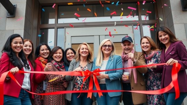 Group celebrating chiropractic care clinic opening with ribbon cutting.