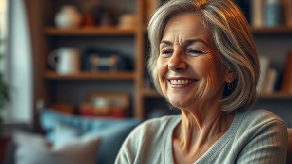 Middle-aged woman smiling, chiropractic care setting, cozy interior