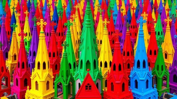 Vibrant pop art church steeples in colorful pattern.