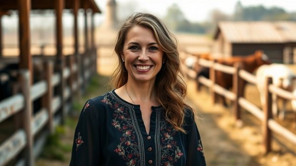 Smiling woman standing outdoors in rustic setting.