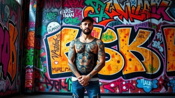 Tattoo parlor opening with vibrant graffiti wall and tattooed individual