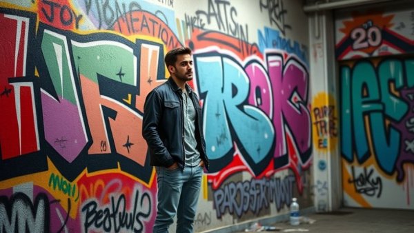 Man standing by graffiti wall, vibrant urban setting, chiropractic care.