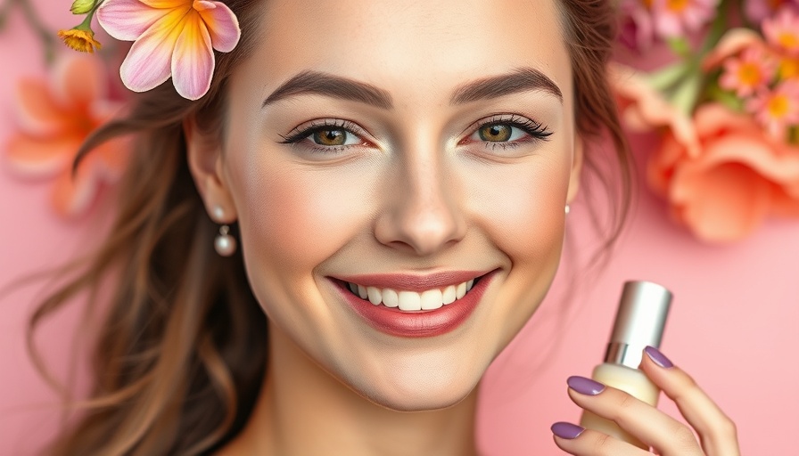 Young woman with flower accents, summer beauty products theme.