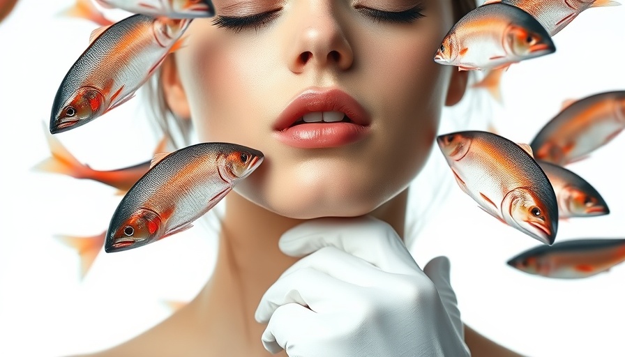 Surreal image of face with salmon and gloved hand, Salmon Sperm Facial concept.