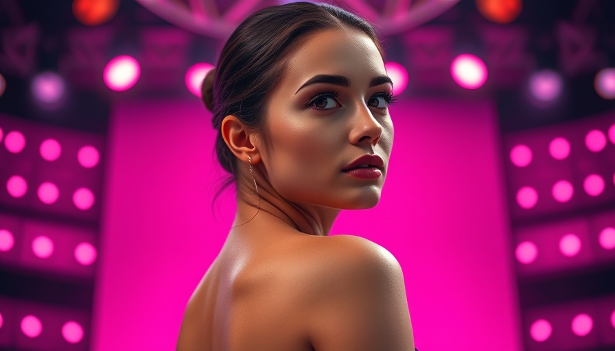 Elegant woman on stage, vibrant pink illumination, photorealistic.