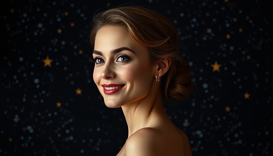 Elegant woman with subtle smile in front of decorative background.