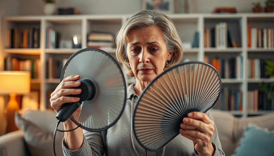 Middle-aged woman fanning herself, signs of perimenopause.