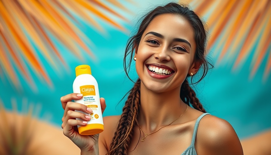 Cheerful woman displaying mineral sunscreen in vibrant setting