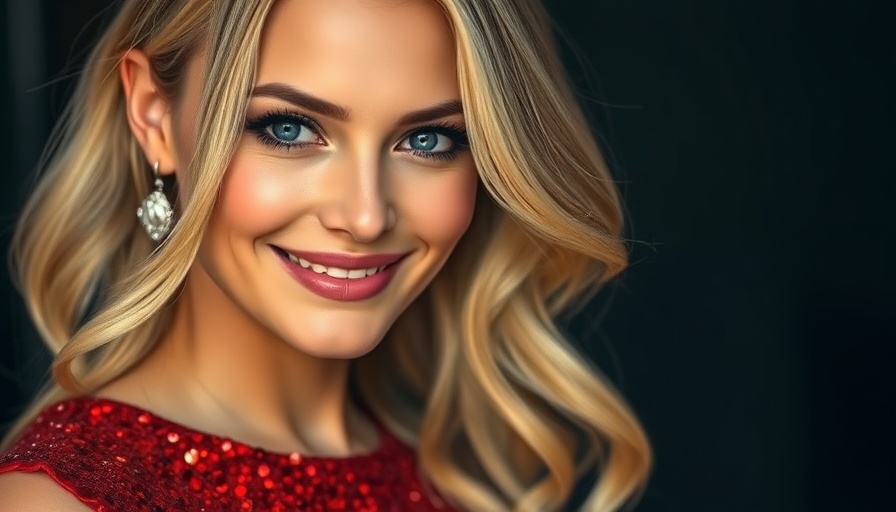 Elegant woman with blonde hair in red sequin dress, close-up portrait.