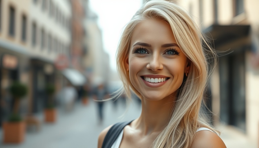 Radiant blonde woman outdoors, smiling warmly.