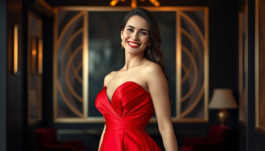 Elegant woman in red gown smiling, chic indoor setting.