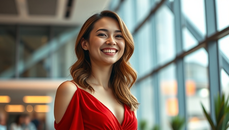 Young woman in red dress smiling with geometric background.