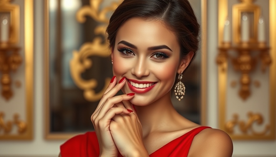 Elegant woman in red dress with silk slip nails, smiling gracefully.
