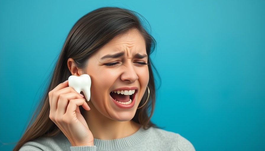 Young woman holds tooth model, showing toothache pain.