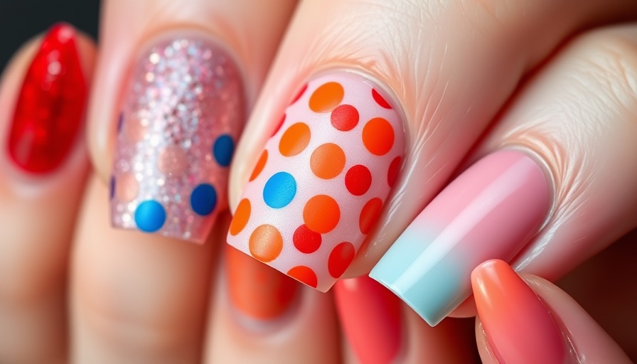 Colorful nail art trends featuring glitter, polka dots, and gradients.