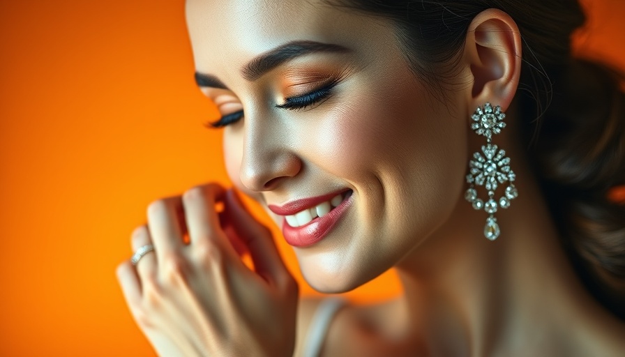 Elegant woman smiling with intricate jewelry, warm background.