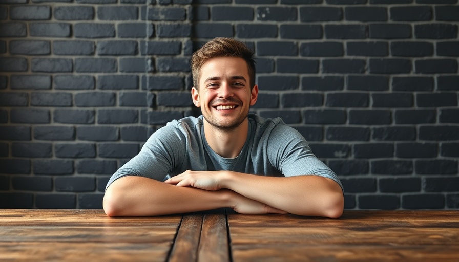 Young man smiling at a wooden table, chiropractic care.