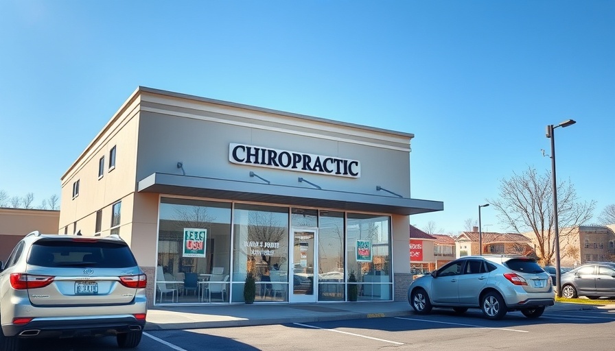 Chiropractic care clinic exterior in bright daylight with parked cars.