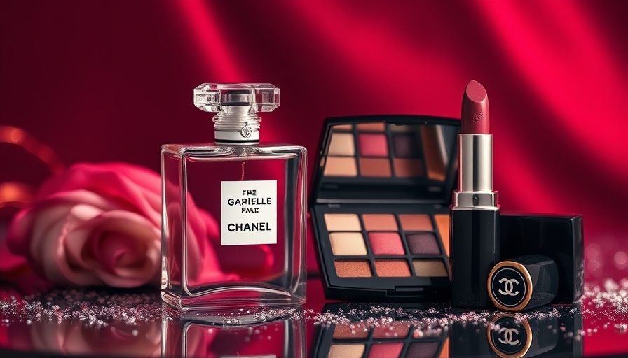 Chanel beauty gifts featuring perfume and makeup on burgundy background.