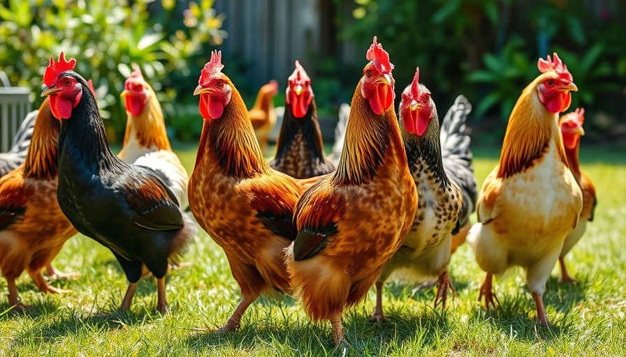 Redinator's first hatch along with four chickens in grassy backyard