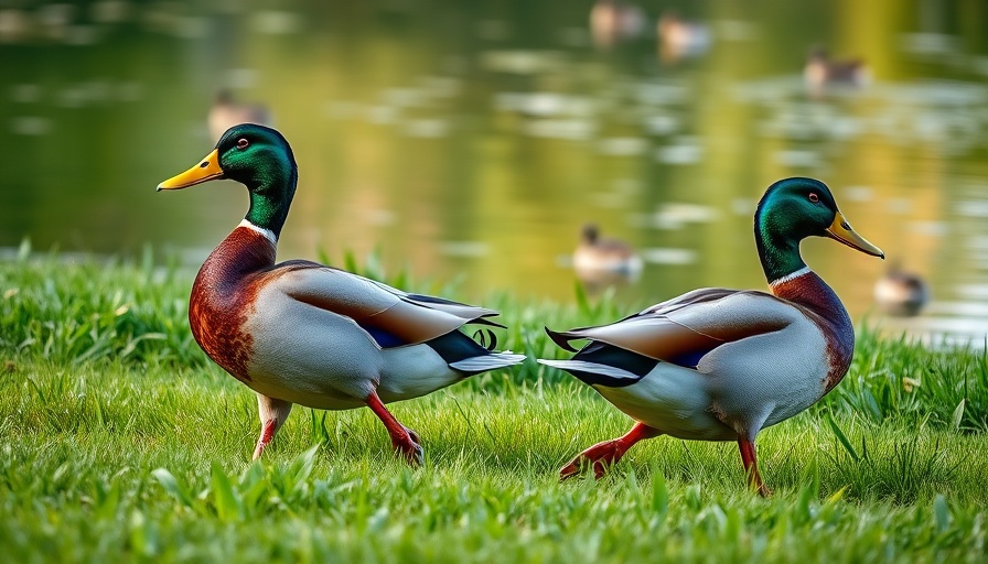 Two mallard ducks walking by a pond, exploring nature